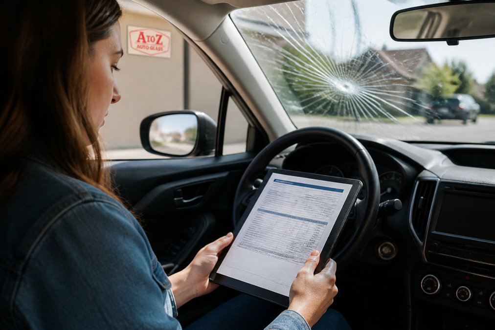 Driver reviewing an insurance policy on a tablet while sitting in a car with a cracked windshield during a glass claim.