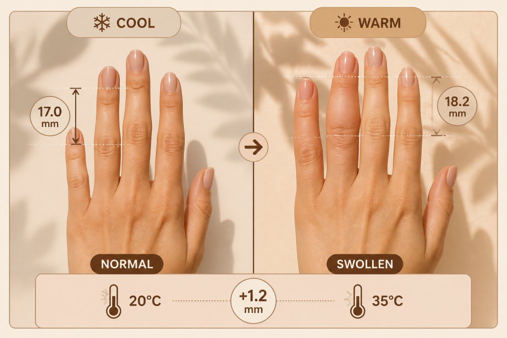 Close-up of two hands side-by-side showing a visibly swollen finger in warm conditions compared to a normal finger, with natural sunlight highlighting the subtle swelling difference