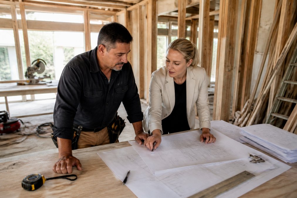 Contractor and property manager reviewing renovation budget spreadsheet and project timeline on a jobsite surrounded by construction materials and blueprints