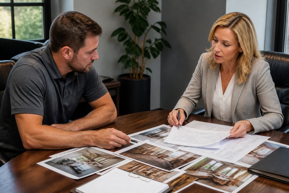 Real estate investor meeting with hard money lender representative in professional office setting, reviewing project photos and renovation invoices on desk with construction project timeline visible