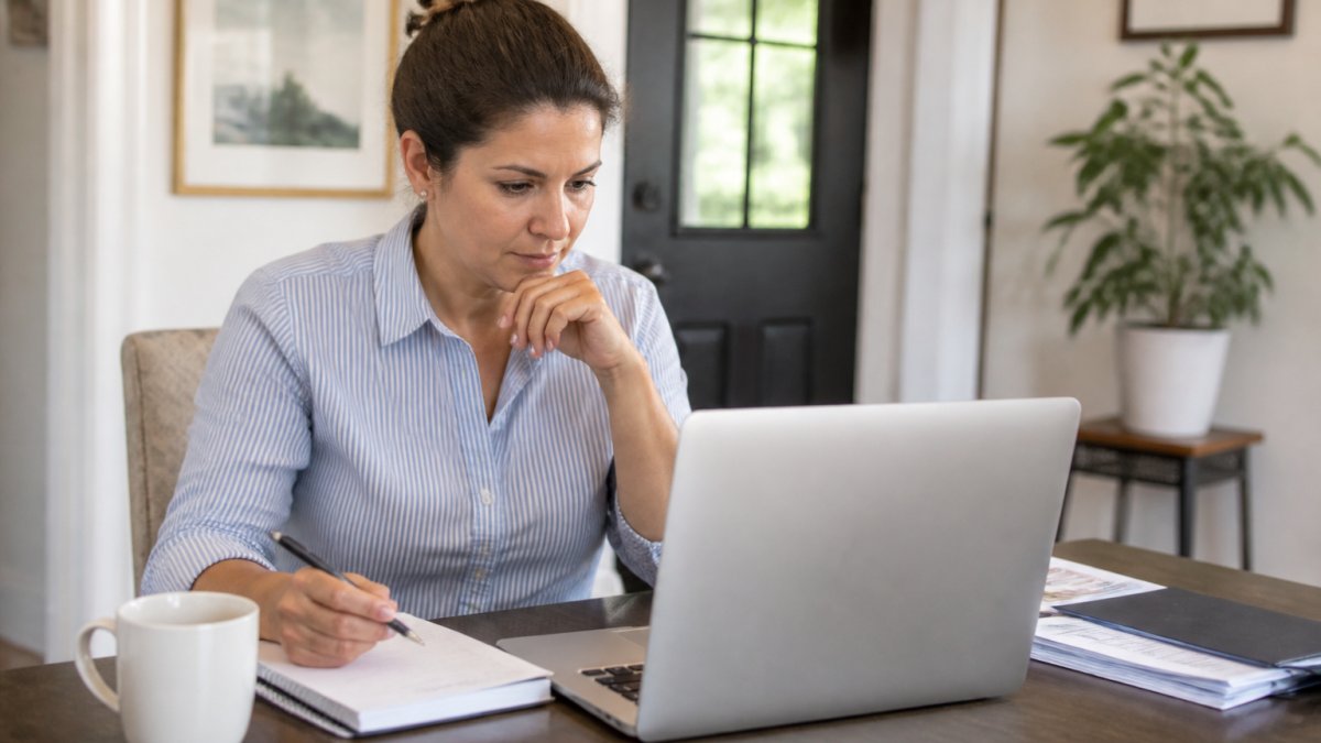 Homeowner at laptop reviewing MLS listing details and checking property visibility on Zillow, with a cup of coffee and notepad on desk