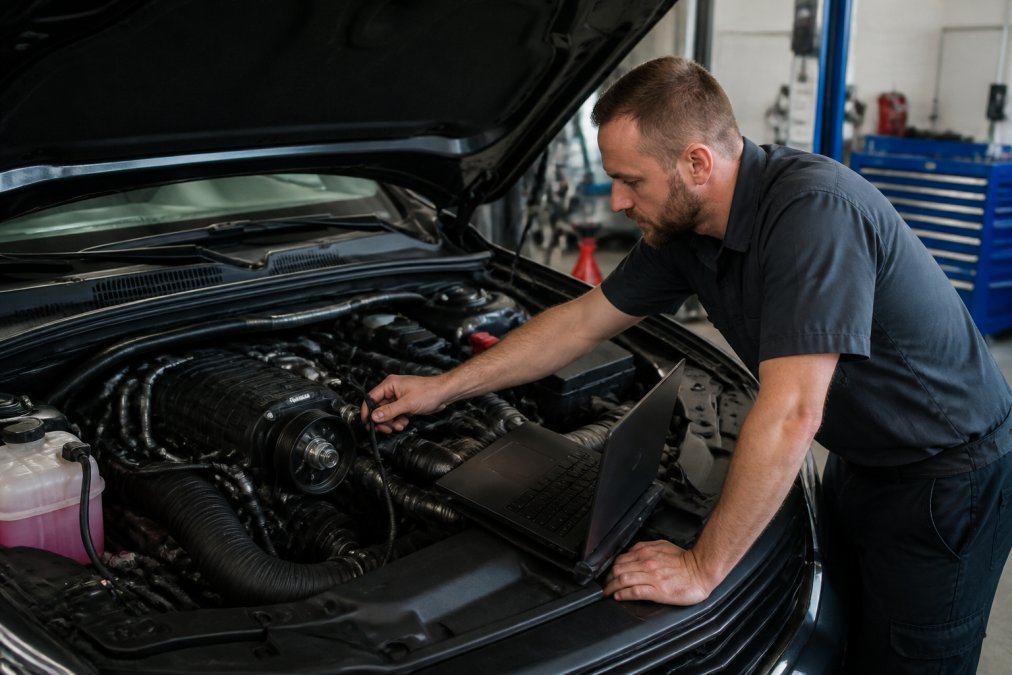 Professional service technician performing diagnostic scan on vehicle engine with laptop and diagnostic equipment visible in well-lit shop setting