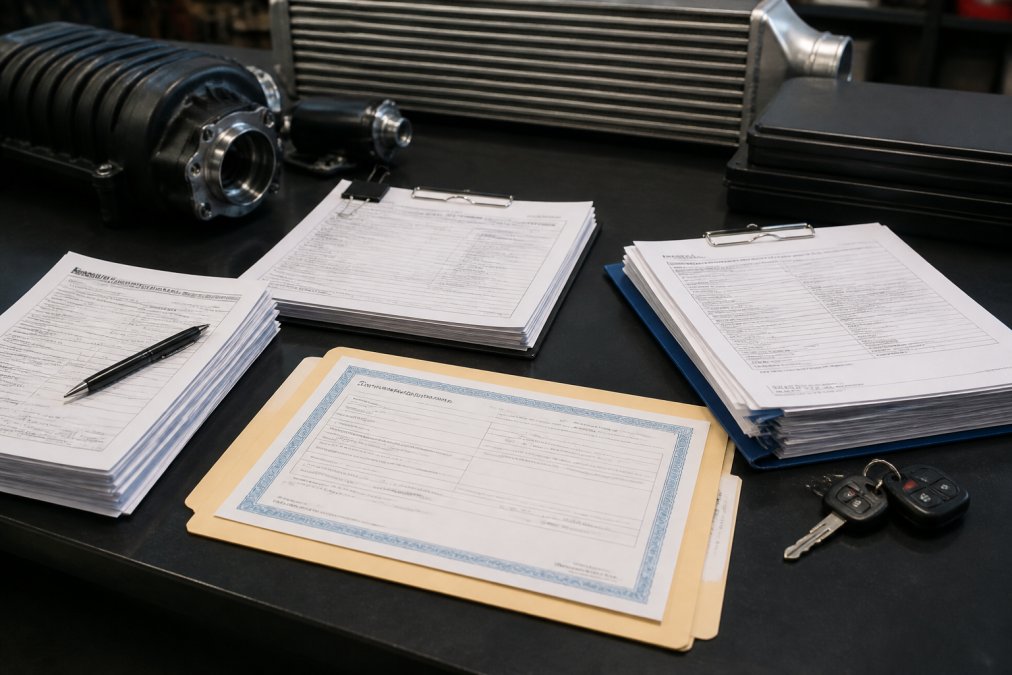 Organized service records and maintenance logs spread on desk with vehicle title and documentation clearly visible