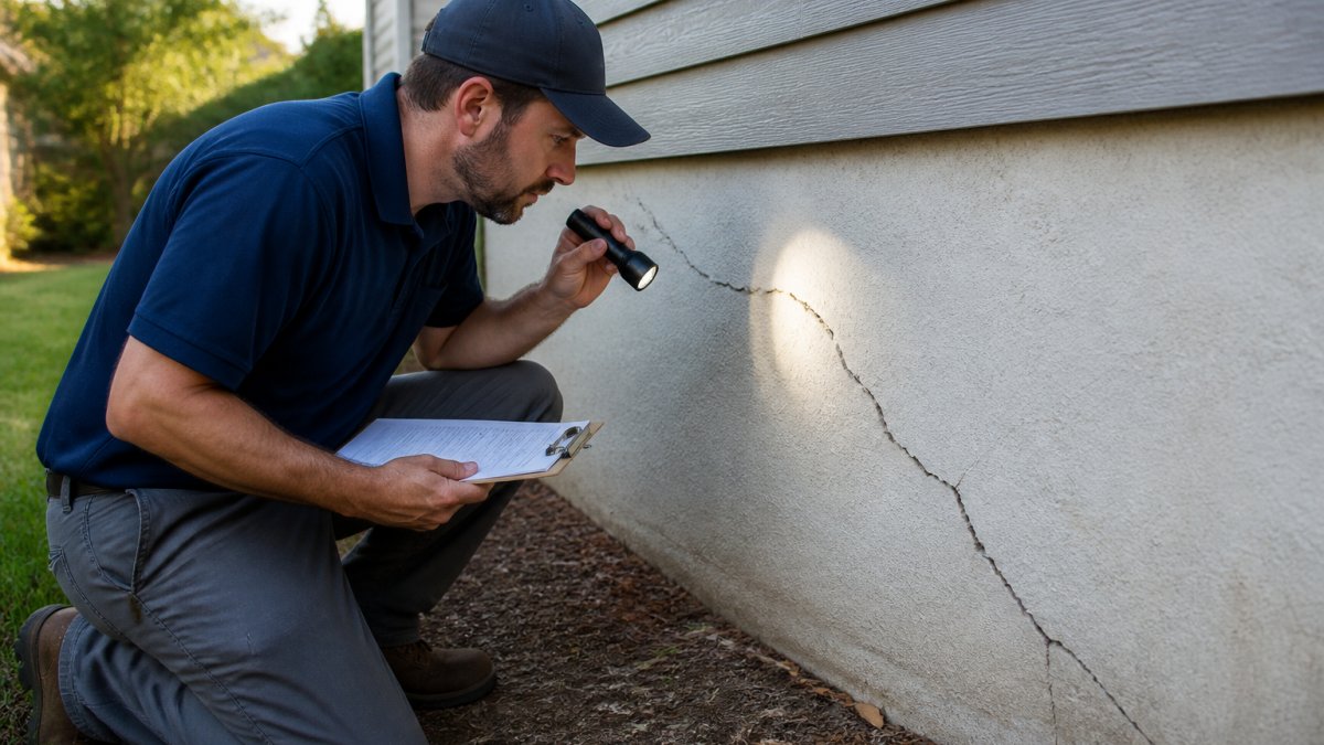 A licensed foundation inspector kneeling beside a home's exterior wall, examining a diagonal crack with a flashlight while holding a clipboard, with a residential yard visible in the background