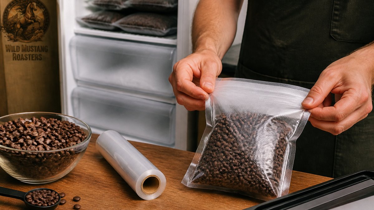 Hands sealing a vacuum-sealed bag of fresh whole coffee beans before placing them in a home freezer
