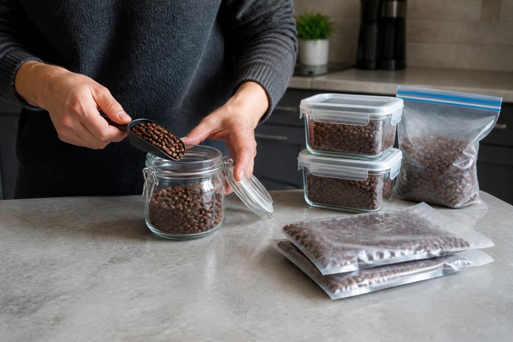Hands carefully placing whole bean coffee into a glass airtight container with a rubber seal, with additional sealed containers and frozen coffee bags visible on a kitchen counter
