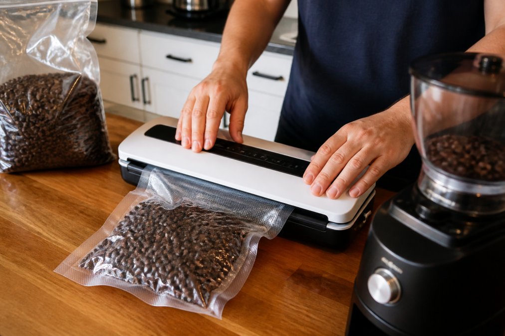 A close-up of hands sealing whole coffee beans into a vacuum-sealed bag on a kitchen counter, with a coffee grinder and a bag of freshly roasted beans nearby