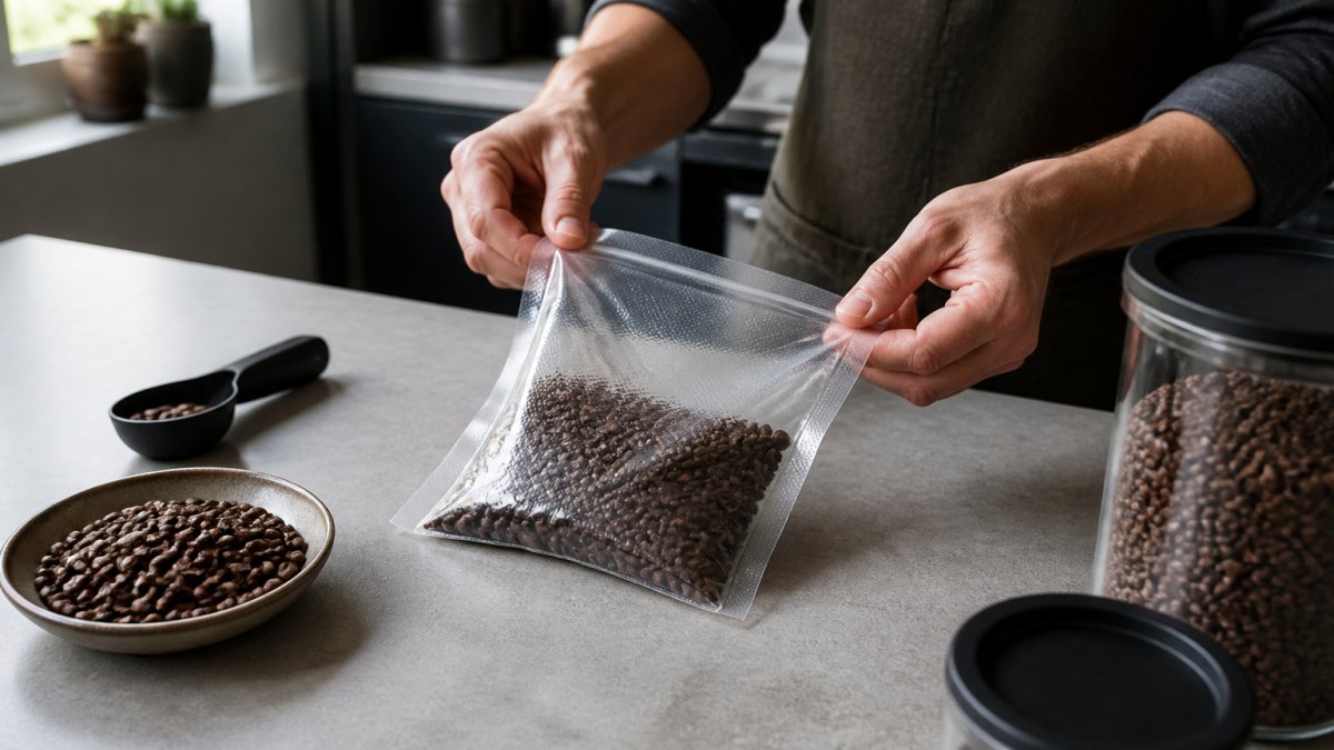 Professional hands carefully placing whole beans into a vacuum-sealed storage bag on a clean kitchen counter with a kitchen scale, labeled portions, and airtight containers nearby, natural window lighting