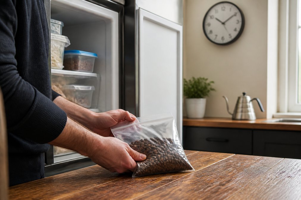 A person carefully removing a sealed bag of frozen coffee beans from a freezer and placing it on a kitchen counter to reach room temperature, with a clock visible in the background