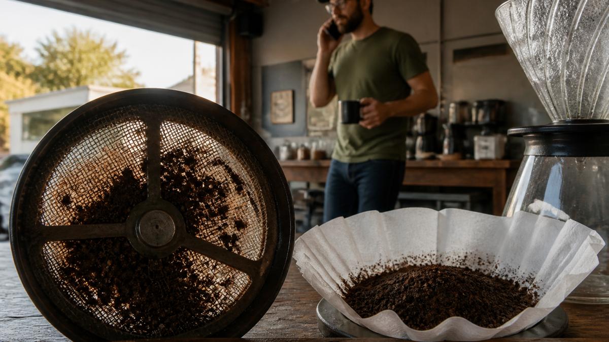 Close-up of a metal mesh filter holding dark coffee grounds with light visible through the mesh, positioned next to a white paper filter with finer texture, highlighting the visual difference in filtration material