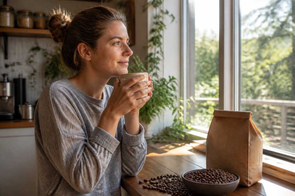 A person holding a warm mug of coffee near a sunny window, looking relaxed and comfortable, with a bag of freshly roasted coffee beans visible on the counter nearby