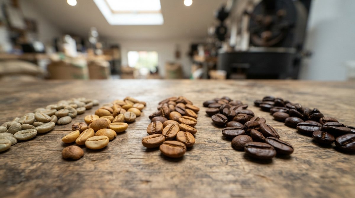 Close-up of coffee beans at different roast stages arranged in progression from light tan to dark brown, showing visible color changes and bean expansion, with natural overhead lighting