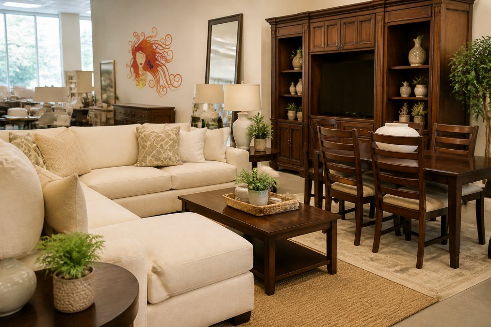 Spacious upscale furniture showroom displaying a cream-colored sectional sofa, dark wood dining table with chairs, and tall wooden entertainment armoire arranged in a bright living room setting with natural window lighting