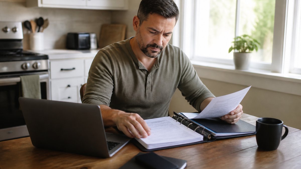 A person sitting at a kitchen table with a folder of insurance documents and a laptop, reviewing paperwork for a vehicle claim in soft afternoon light