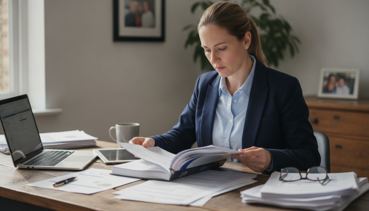 Small business owner reviewing insurance documents at their desk with a laptop and tablet, looking focused and professional, natural office lighting