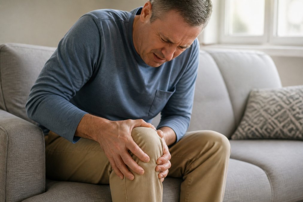 Middle-aged adult holding their knee with visible discomfort while sitting on a couch in natural daylight, showing joint pain and limited mobility