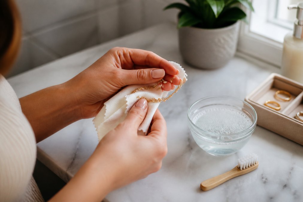 Woman gently polishing a delicate gold plated jewelry necklace with a soft microfiber cloth on a marble counter.