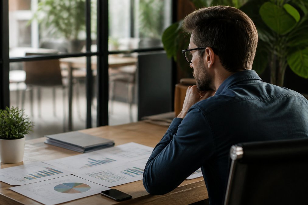 Marketing professional reviewing search rankings and analytics on a desktop monitor in a modern office workspace with natural light
