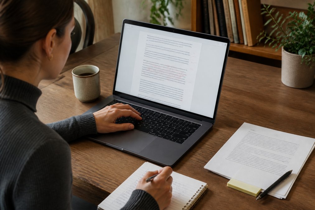 Content editor reviewing and editing text on a laptop screen with coffee and notes on desk nearby