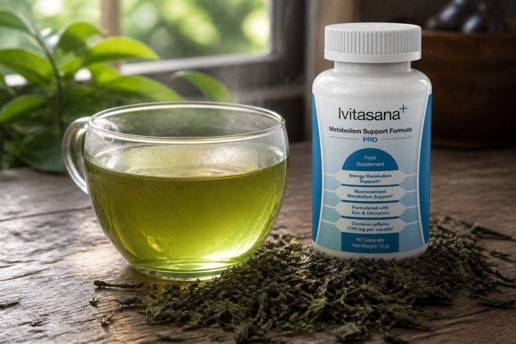 Close-up of a glass cup of freshly brewed green tea resting on a worn wooden surface, with loose green tea leaves scattered around the base in soft natural window light