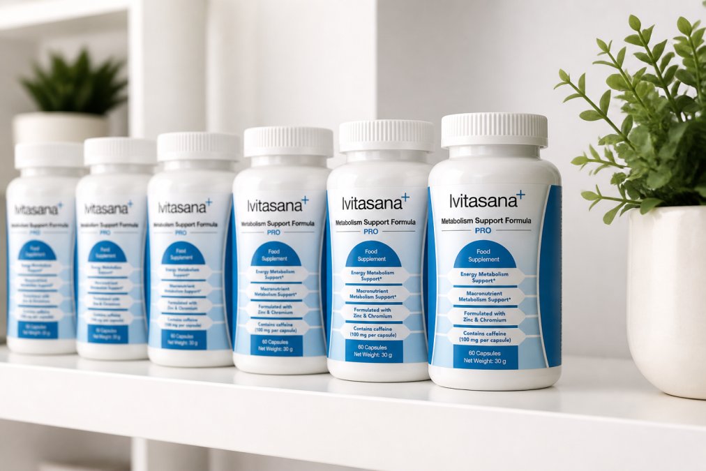 A neat row of white supplement capsule bottles arranged on a clean white shelf in a bright, minimal wellness setting with soft overhead lighting