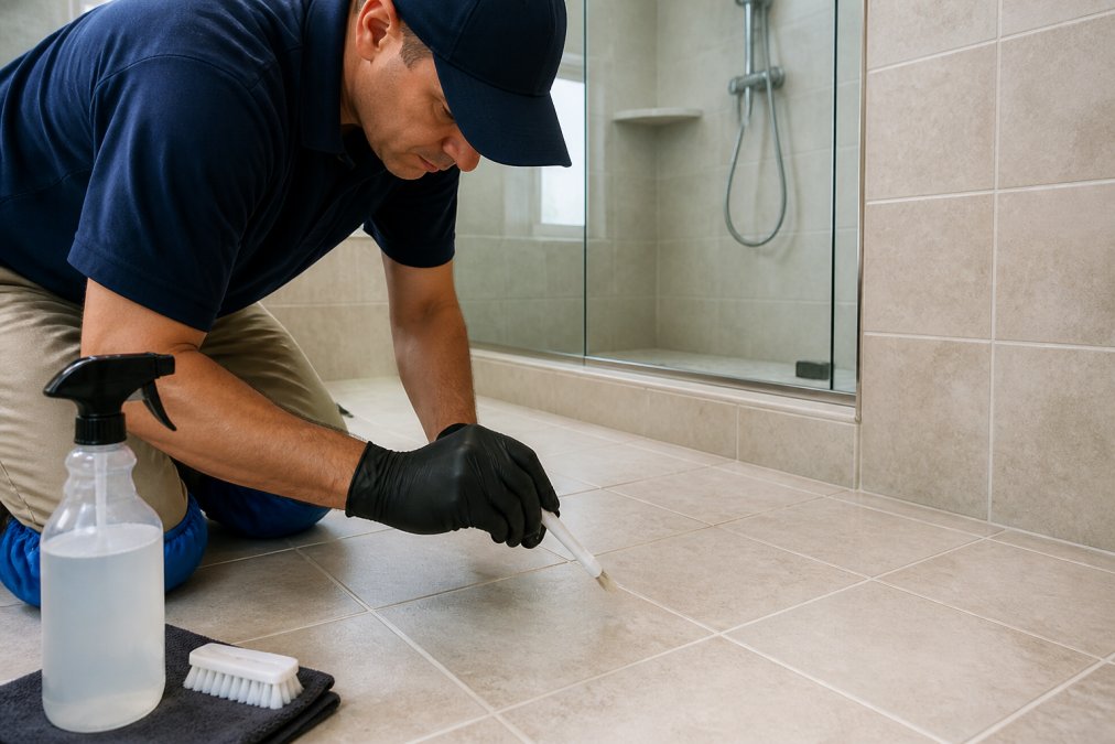 Close-up of a technician in uniform applying a protective sealer to tile grout lines in a bright bathroom, with clean tools and a spray bottle nearby