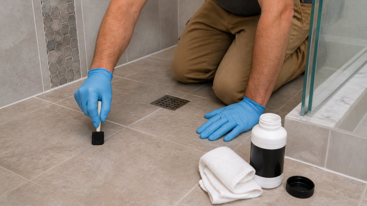 Homeowner wearing gloves performing grout sealing on shower tiles with a foam brush and a bottle of sealer nearby