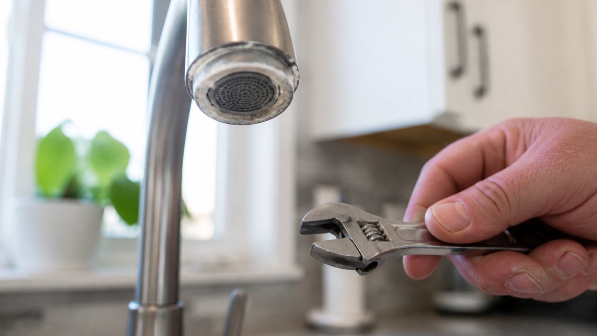 A close-up of a kitchen faucet aerator with visible white mineral crust around the rim, next to a homeowner's hand holding a small wrench, in a bright modern kitchen
