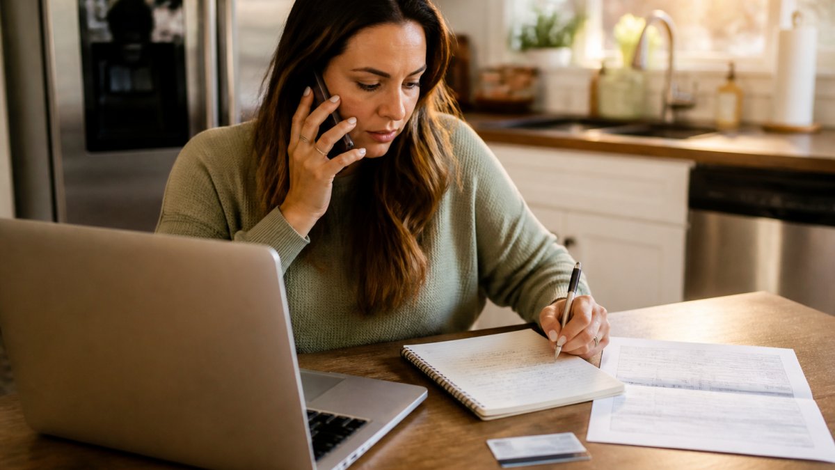 Parent using a laptop and insurance card to complete a speech therapy benefits verification checklist