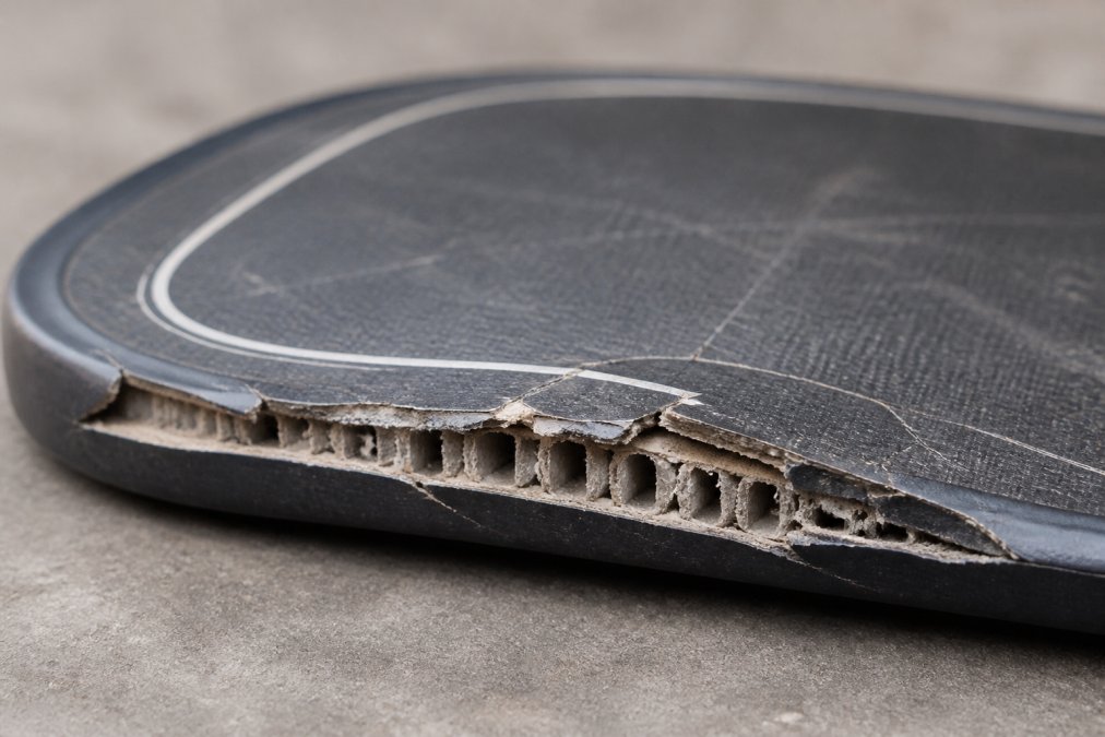 Close-up of pickleball paddle surface showing visible delamination, surface cracks, and core separation damage from heat exposure