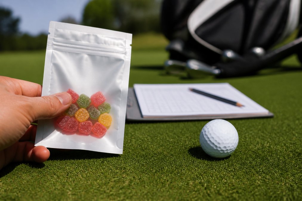 Close-up of a golfer's hand holding a CBD gummy package next to a golf ball on a putting green, scorecard and pencil blurred in the background, bright daylight