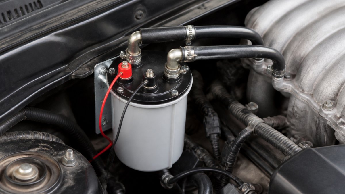 Close-up of a DIY HHO generator mounted in a vehicle engine bay, showing the sealed cylindrical container, two hose connections running to the intake manifold, and two electrical terminals, photographed under bright garage lighting