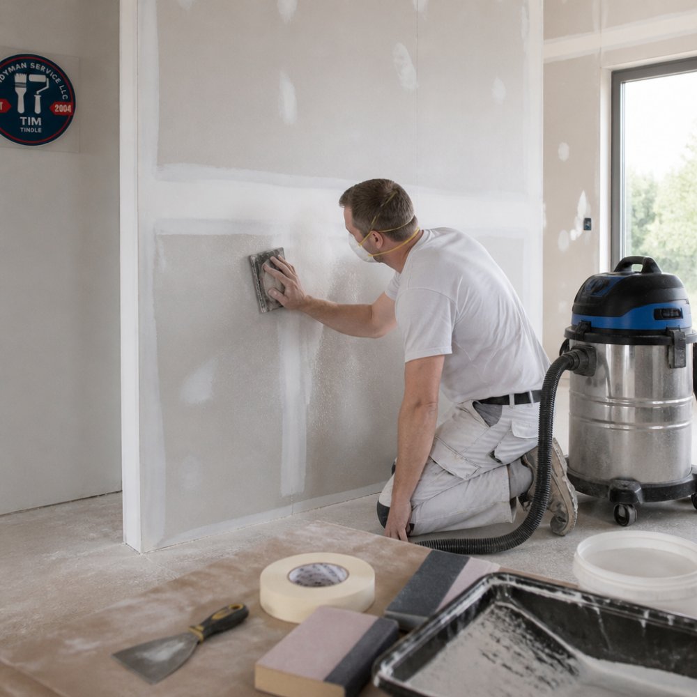 A person using a sanding block on a drywall seam, with dust visible and a shop vacuum nearby in a bright room under renovation