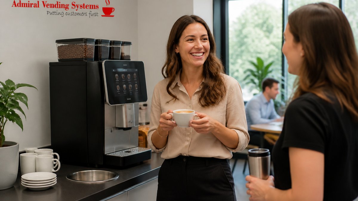 A bright modern office breakroom with a sleek bean to cup coffee machine, a smiling employee in business casual holding a freshly made cappuccino, a colleague waiting with a reusable cup, natural light through large windows