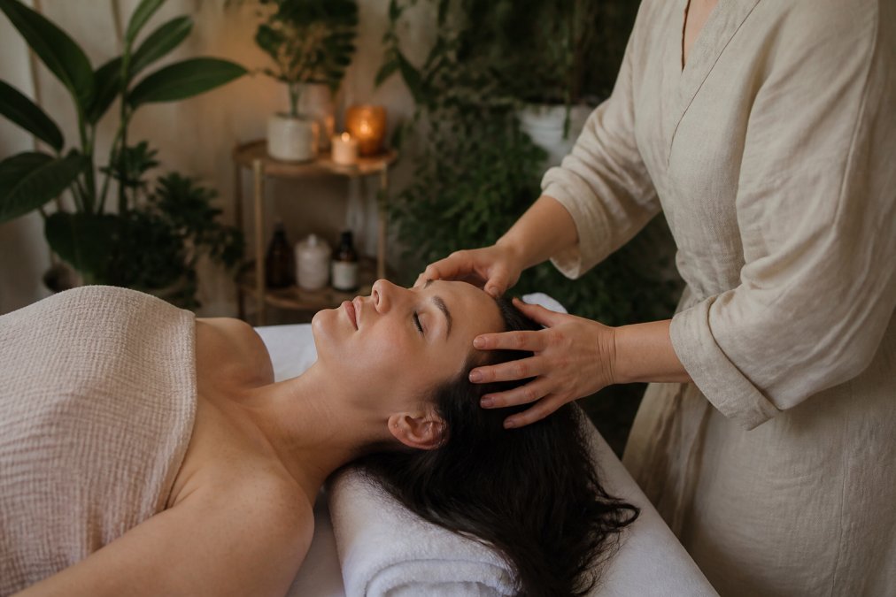 A woman lying comfortably on a treatment table in a calm spa room, receiving a gentle scalp massage from a practitioner's hands, soft natural light, plants in background