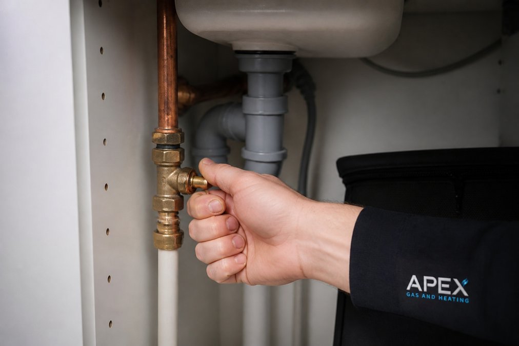 Homeowner's hand firmly gripping and turning a stopcock valve located under a kitchen sink, showing the valve in the off position with water pipes visible in the background