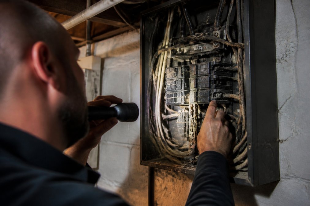Electrician inspecting an old electrical panel with worn wiring to see if home insurance covers replacement