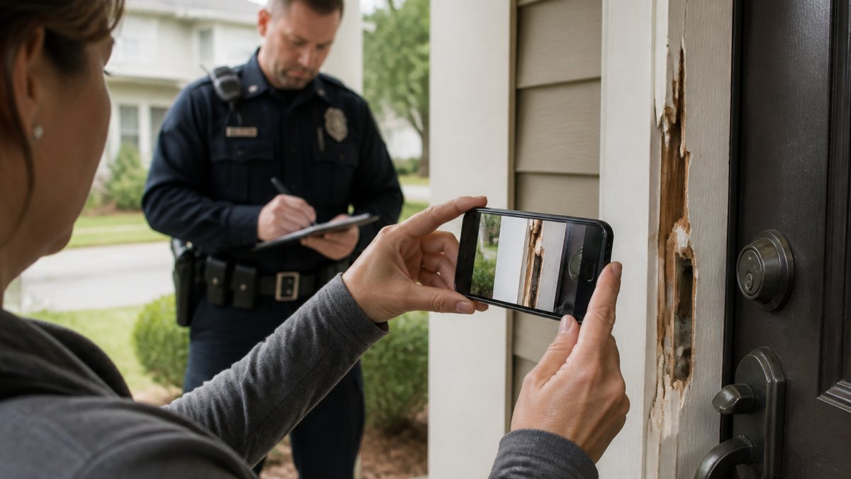A homeowner photographing a damaged door frame with a smartphone, with a police officer taking notes in the background of a residential entryway