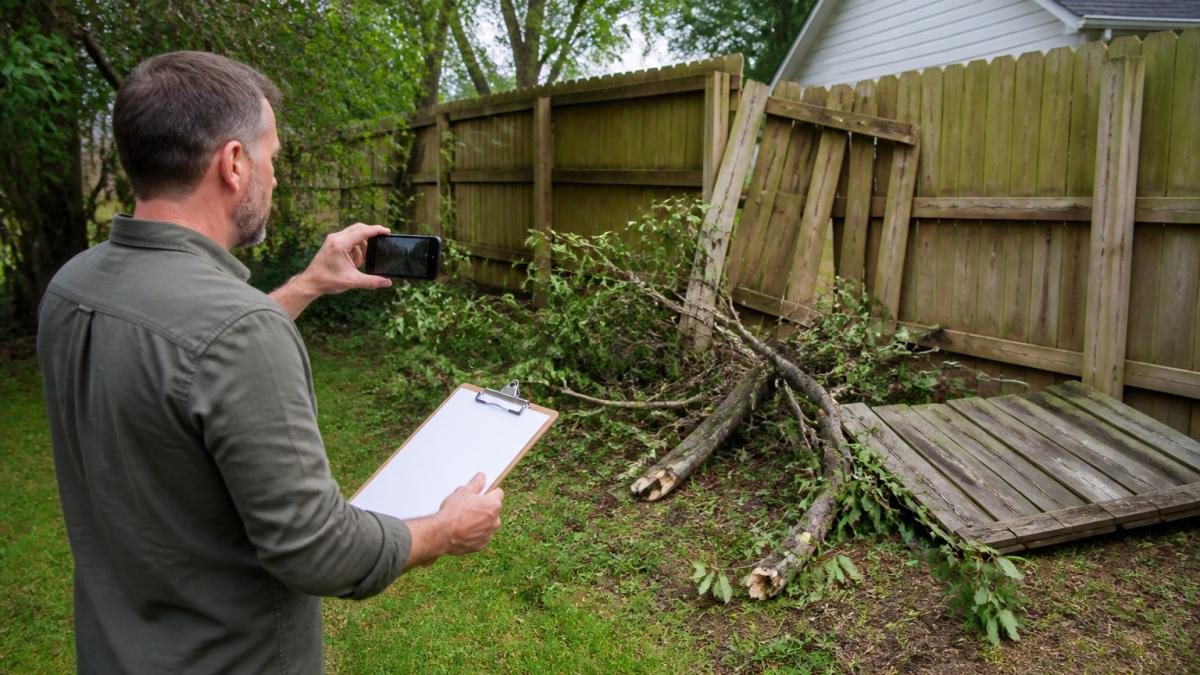 A homeowner standing in a backyard with a clipboard, taking photos of a damaged wooden fence with a smartphone, showing fallen branches and broken panels nearby