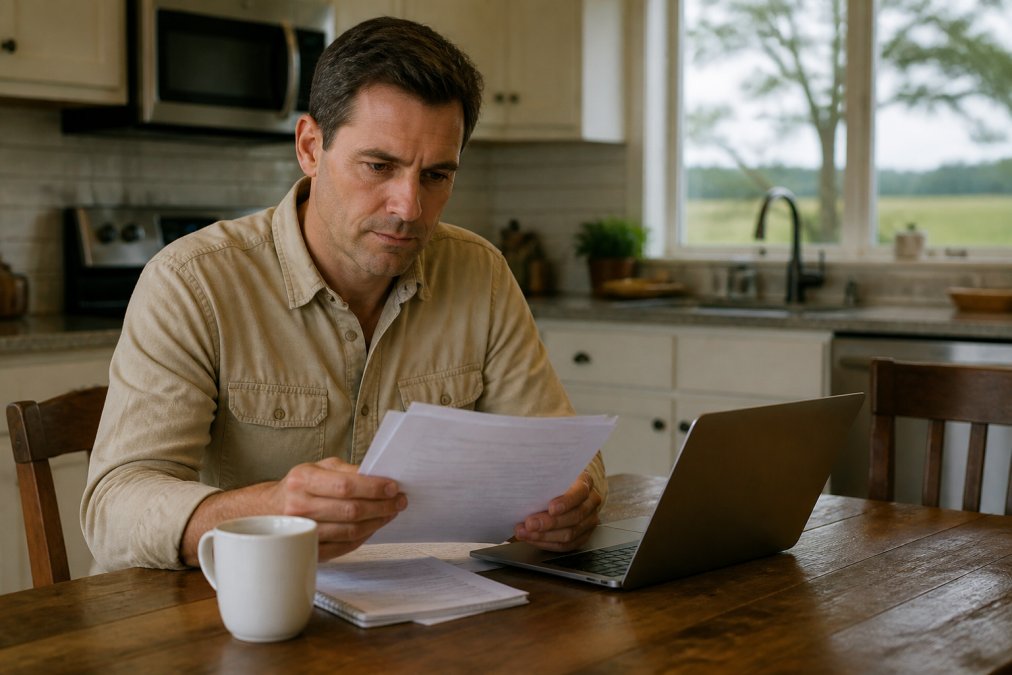 A homeowner in Texas reviewing insurance documents at a kitchen table with a laptop and a cup of coffee, natural daylight through a window