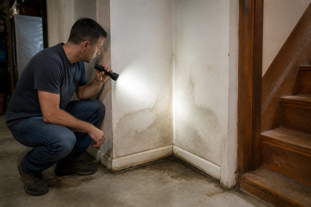 A homeowner in casual clothes shining a flashlight at water-stained drywall in a basement corner, looking concerned