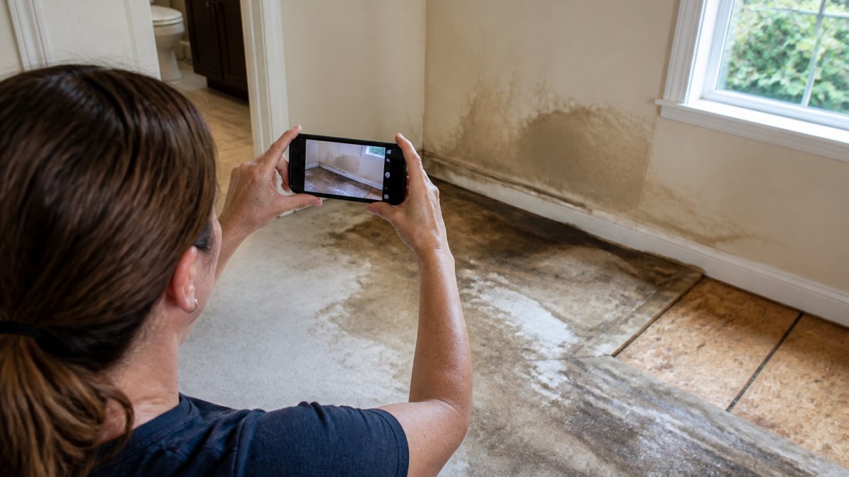Homeowner documenting water damage with smartphone camera, capturing wet drywall and visible water stains on flooring in damaged room with natural window light
