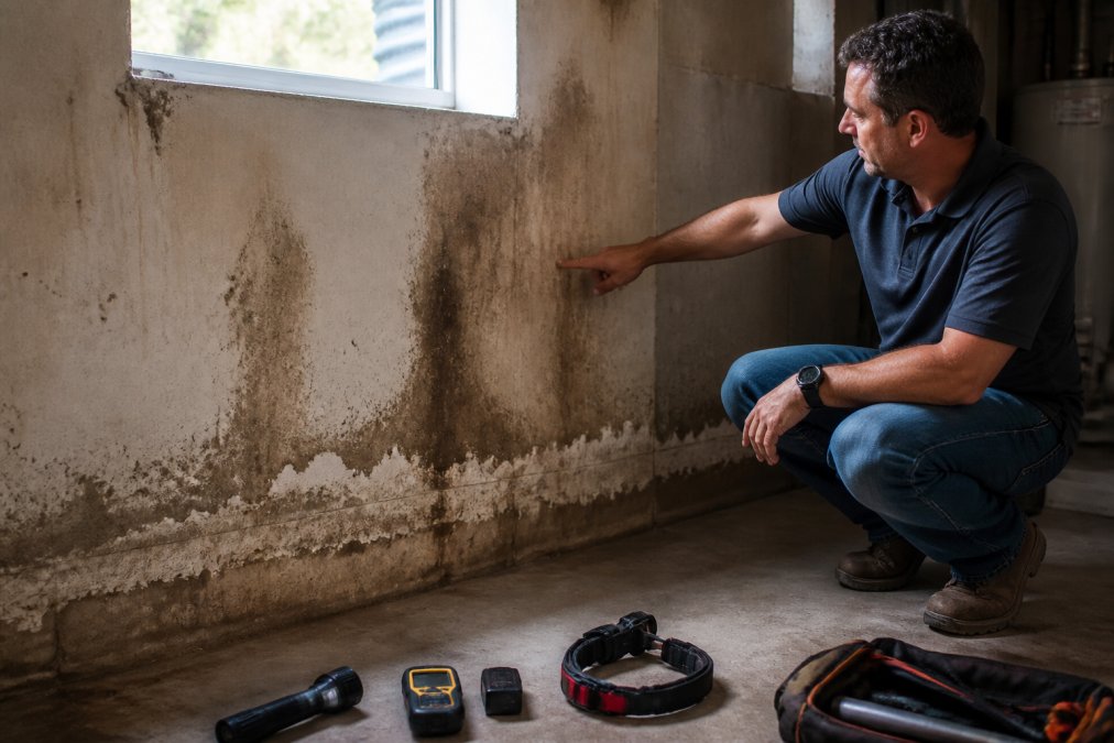 Homeowner in casual clothing pointing to visible water stains and discoloration on interior basement wall, with natural daylight from window illuminating the damp area