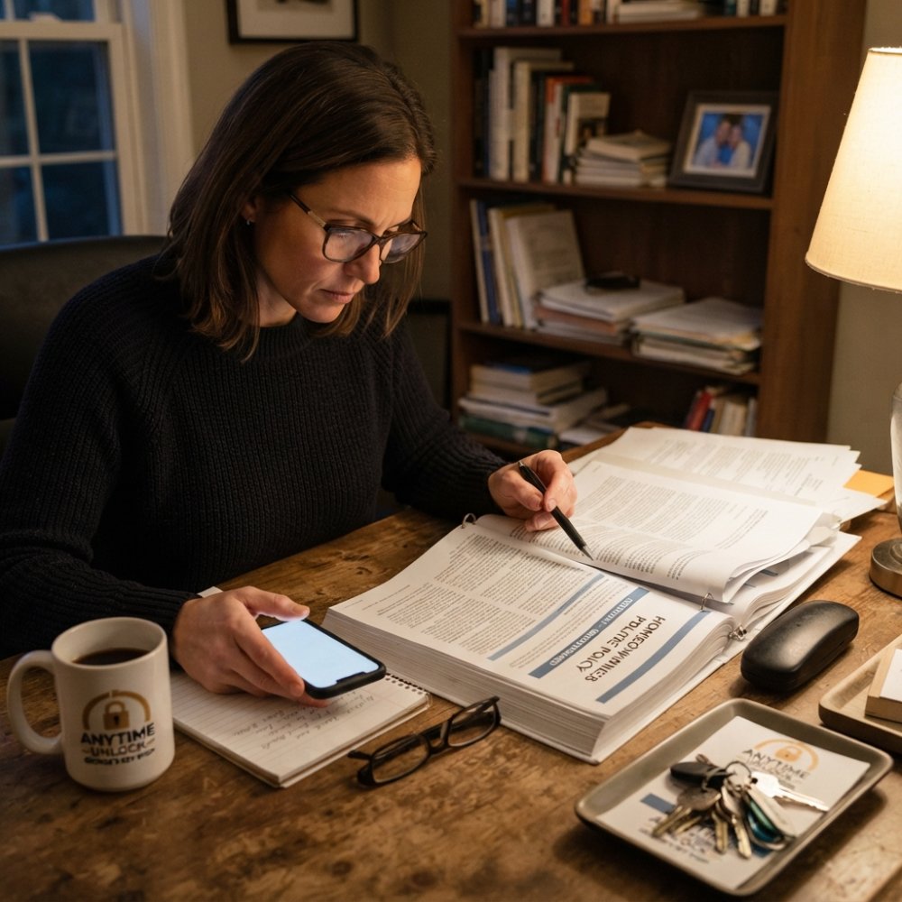 Homeowner reviewing policy documents to see if homeowners insurance covers rekeying locks at their desk.