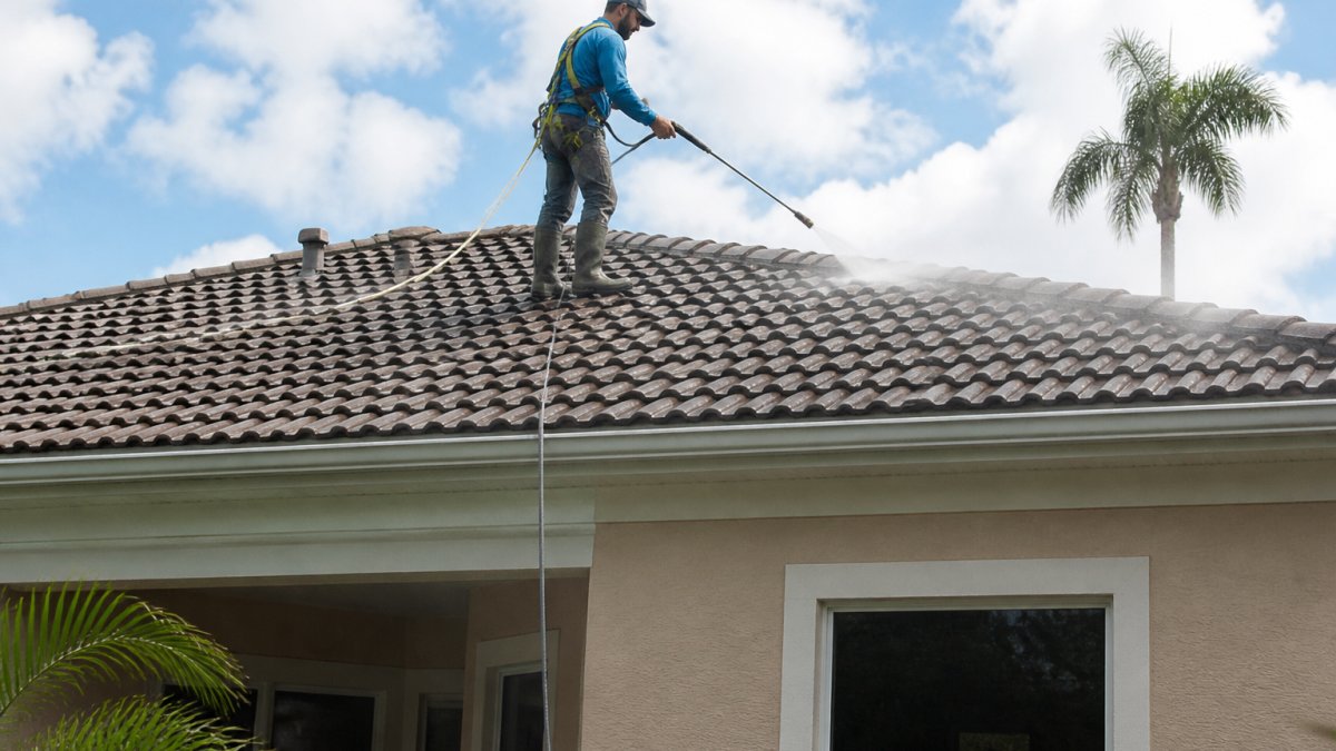 Infographic illustrating the soft wash roof cleaning process and how it does homeowners insurance cover roof cleaning