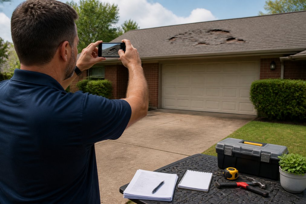 A homeowner standing on a driveway photographing damaged roof shingles on a smartphone, with a notepad and insurance paperwork visible on a nearby table
