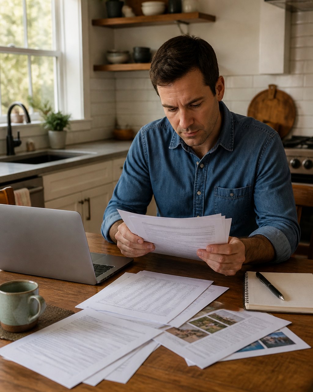 Homeowner reviewing insurance documents and repair estimates at a kitchen table with a laptop, notebook, and printed papers in afternoon natural light