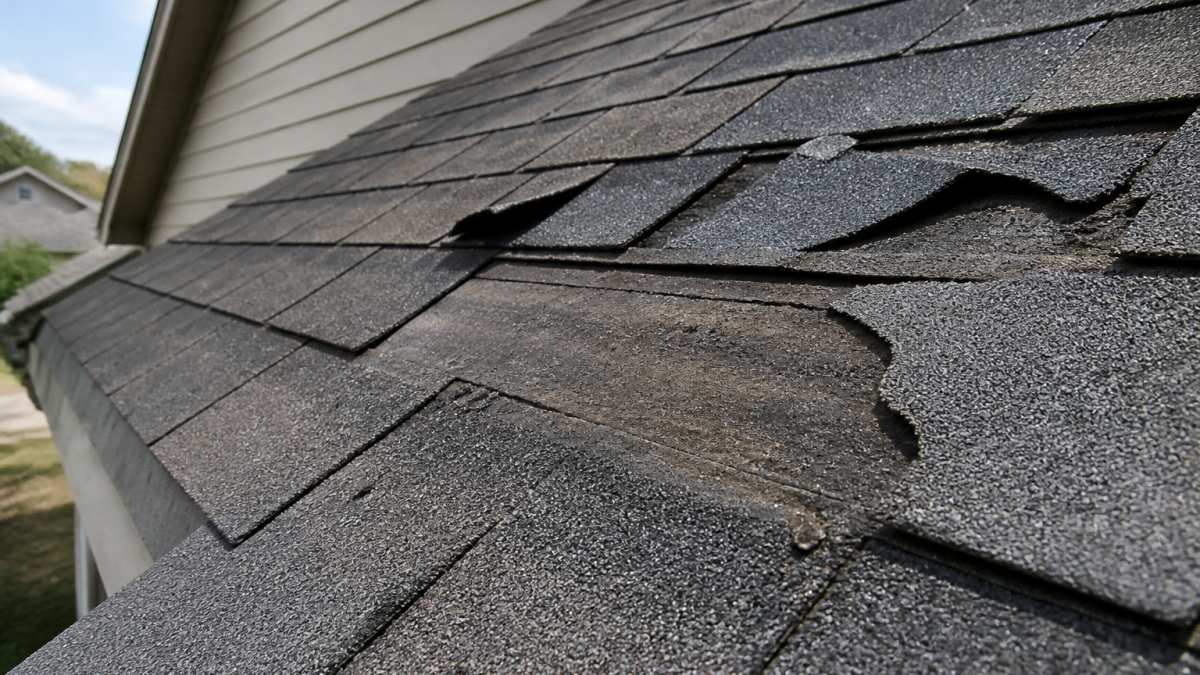 Close-up of residential roof showing wind-damaged shingles with lifted edges, missing granules, and exposed underlayment in afternoon sunlight