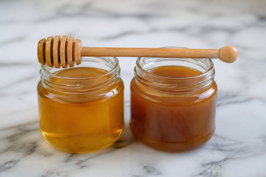 Two small glass jars of honey side by side on a white marble surface, one labeled raw honey and one labeled manuka honey, with a wooden honey dipper resting across them
