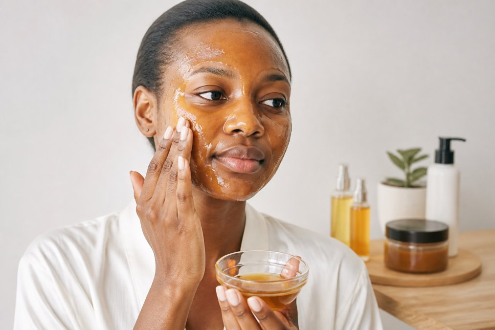 Close-up of a woman applying a golden honey face mask with her fingertips on clean skin, soft natural lighting, minimal background